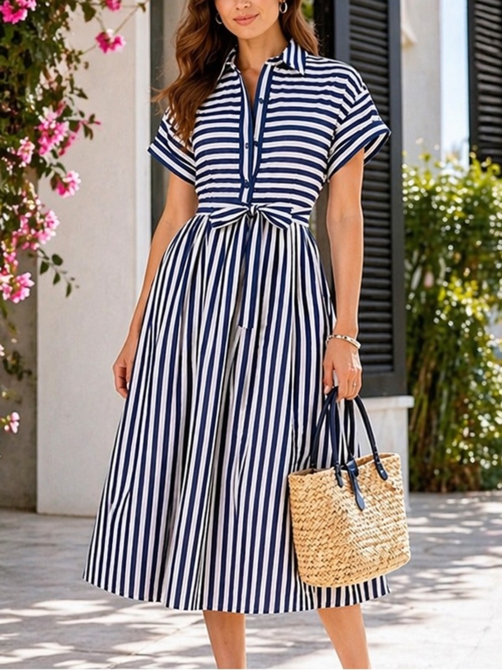 Kate Spade Midi Shirt Dress Cotton Navy White Striped Belted $368 Pockets Size L - Picture 1 of 10